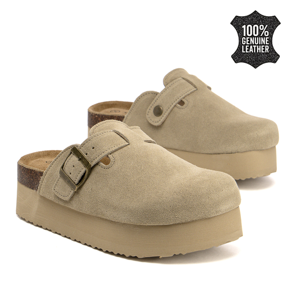 Дамски сабо на платформа от естествен велур – съчетание от удобство и модерно излъчване с балансирана височина и приятно усещане при ходене SW2662 beige