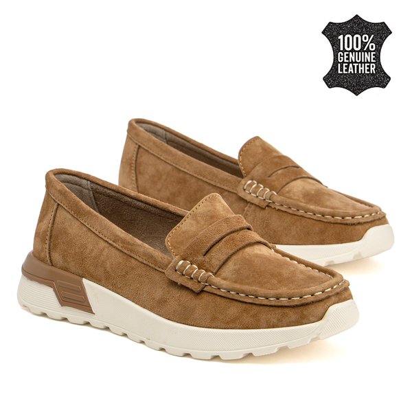 Дамски спортно-ежедневни мокасини от естествена кожа – практично решение с удобна вътрешност и устойчива подметка за дълги разходки DP7528 camel