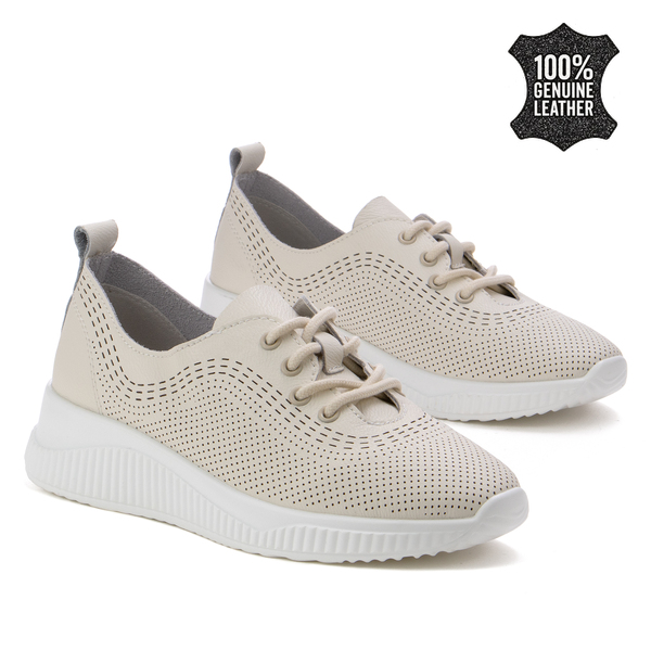 Дамски маратонки от естествена кожа – ниска платформа с елегантен профил, леки материали и надежден комфорт при дълго носене XF186 beige