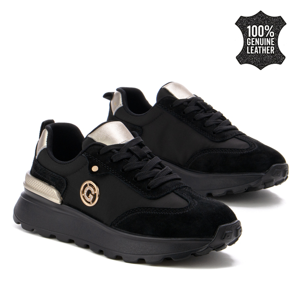 Дамски маратонки от естествена кожа – изтънчен дизайн с луксозен златист акцент и стабилна подметка за дълготраен комфорт XF203 black