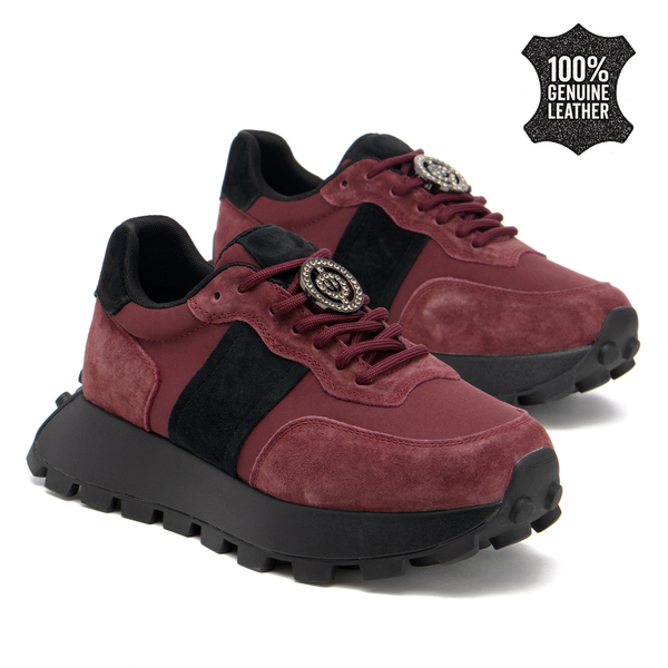 Дамски маратонки от естествена кожа – елегантна визия, висококачествена изработка и стилен декоративен завършек XF112 wine/blk