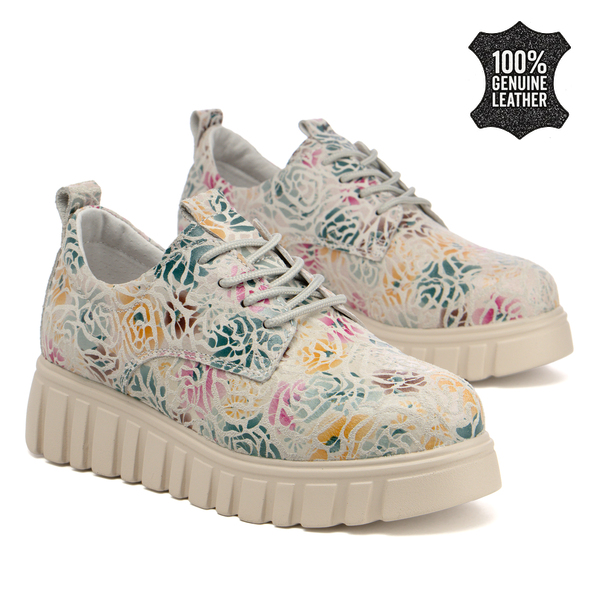 Стилни дамски обувки от естествена кожа – флорален ефект и мека подметка за изискано излъчване и лекота при ходене DP6846 beige MLT