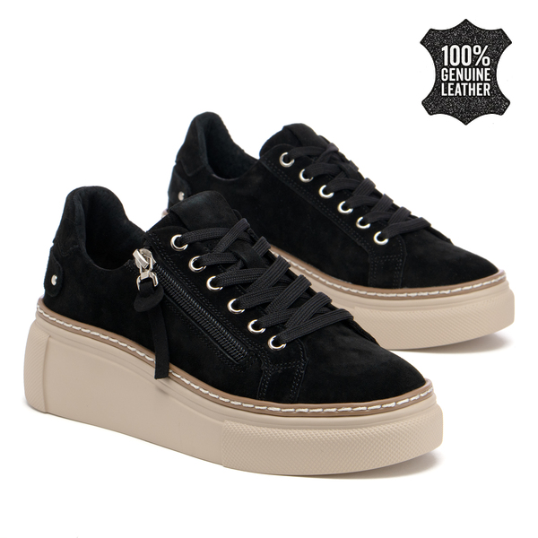 Дамски кецове от естествен велур – изразителен модел с удобна платформа, връзки и страничен цип за модерна ежедневна визия DP7653 black