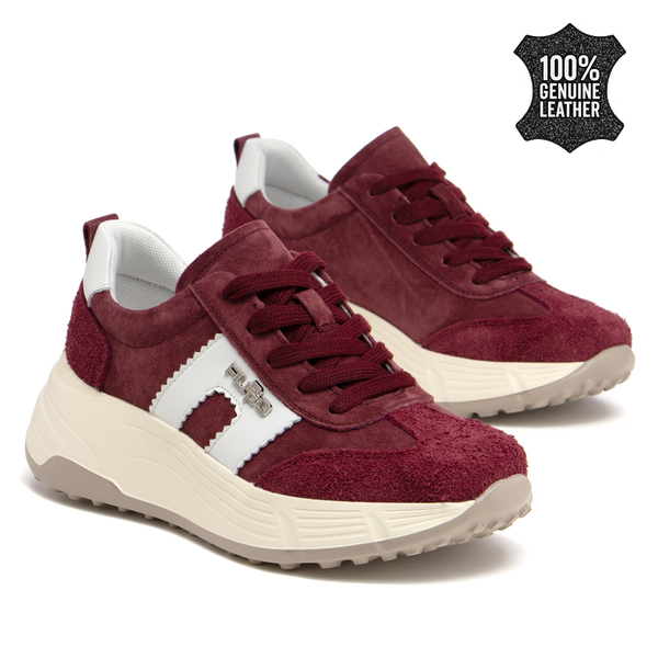 Дамски маратонки от естествен велур – изразителен модел с плътна подметка, контрастни акценти и съвременен спортен характер DP7546 bordo