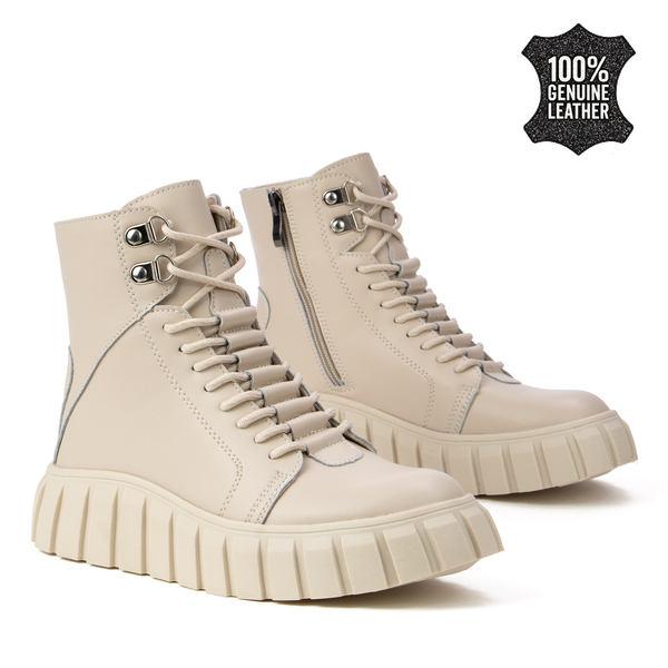 Дамски боти от естествена кожа с удобна подметка – модерен дизайн с връзки и страничен цип за лесно обуване DBT6312 beige