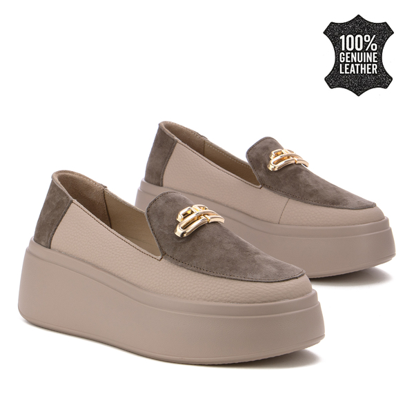 Дамски обувки от естествена кожа на платформа – удобно и леко усещане, подходящи за ежедневие с акцент върху визията LX1073 khaki