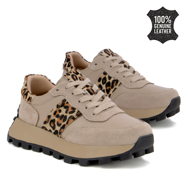 Дамски маратонки от естествена кожа – изтънчен дизайн с леопардови акценти, модерна визия и усещане за комфорт през целия ден DP7112 beige/leo