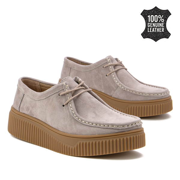 Дамски обувки тип мокасини от естествен велур – практичен модел с връзки и комфортна дебела подметка за всеки ден DP7500 beige