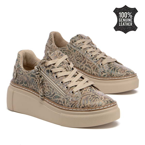 Дамски кецове от естествена кожа – изразителен модел с удобна платформа, връзки и страничен цип за модерна ежедневна визия DP7653 beige MLT