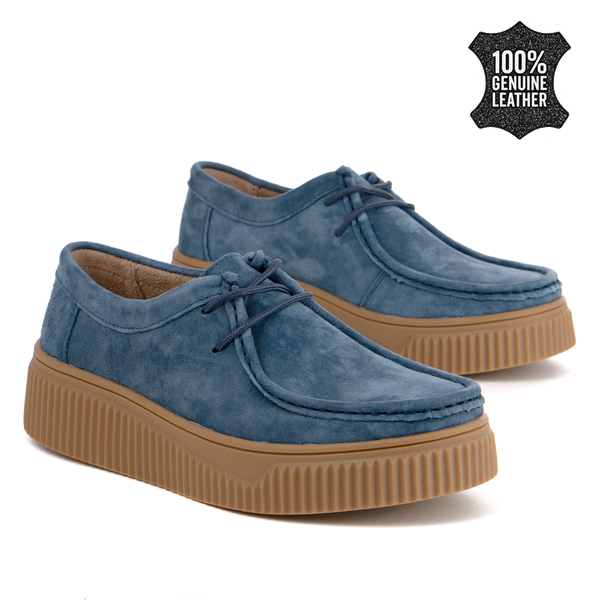 Дамски обувки тип мокасини от естествен велур – практичен модел с връзки и комфортна дебела подметка за всеки ден DP7500 navy