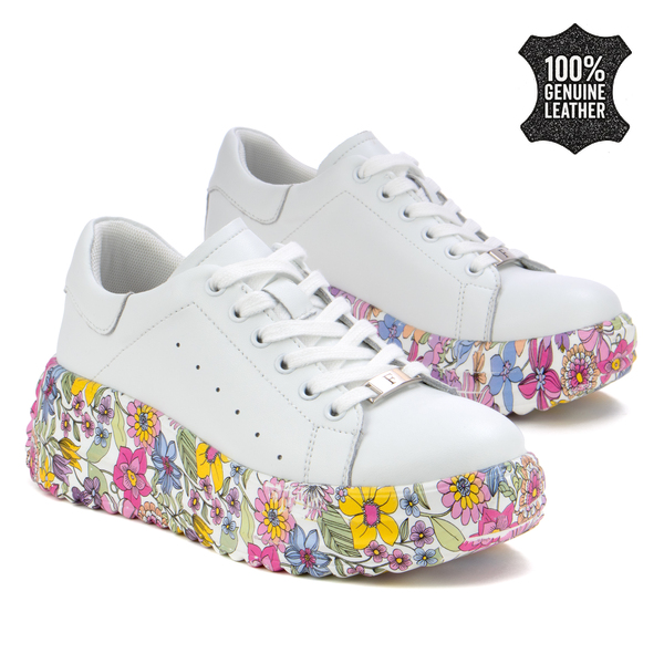 Дамски маратонки от естествена кожа – модерни с дебела подметка, удобство при носене и актуален принт за свежи ежедневни визии DP7507 white/MLT