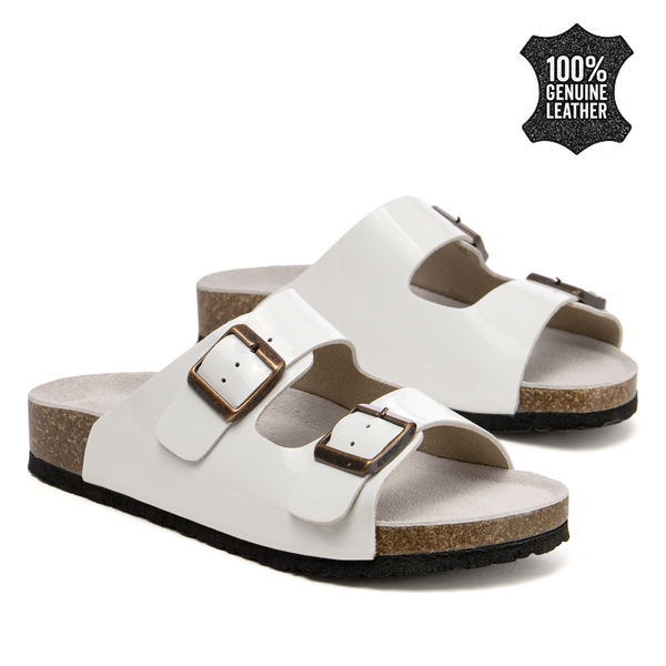 Дамски чехли от естествена кожа – комфорт при всяка крачка с две каишки и модерно излъчване за различни ежедневни комбинации HF1002 white