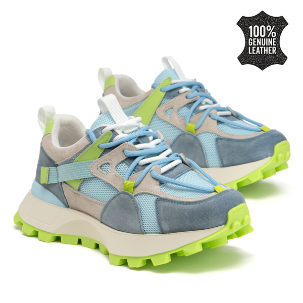 Дамски маратонки от естествена кожа – отличителен модел с релефна спортна подметка и контрастни детайли за модерна динамична визия XF233 blue