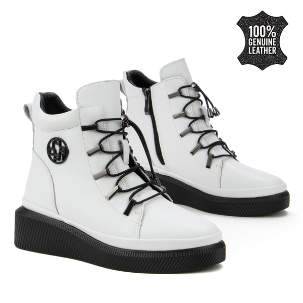 Дамски боти от естествена кожа – елегантно излъчване, мека вътрешност, модерни връзки и удобна платформа за динамичен ежедневен стил DBT7416 white