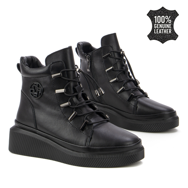 Дамски боти от естествена кожа – елегантно излъчване, мека вътрешност, модерни връзки и удобна платформа за динамичен ежедневен стил DBT7416 black