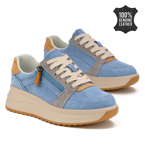 Дамски маратонки от естествен велур – актуален ежедневен модел с дебела подметка, удобна форма и свежа визия, създадени за движение и комфорт XF229 blue