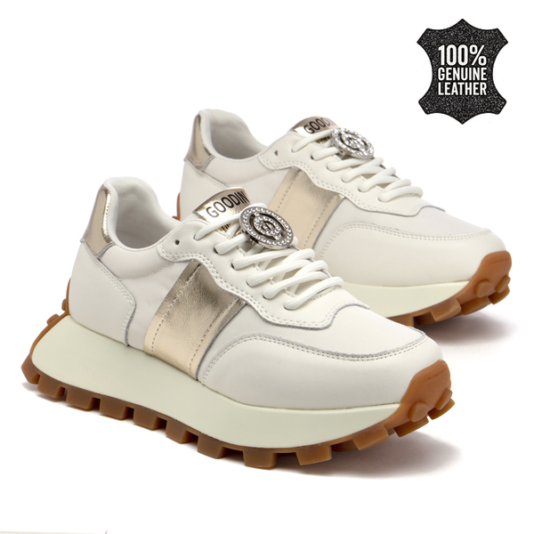 Дамски маратонки от естествена кожа – елегантна визия, висококачествена изработка и стилен декоративен завършек XF112 beige/gold