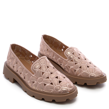 Дамски обувки с дантелена бродерия на цветя и дебела подметка JH329 pink
