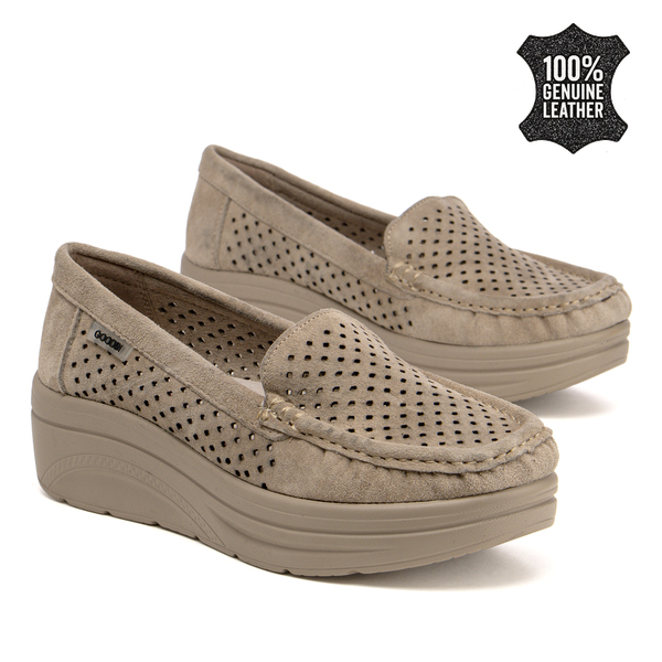 Дамски обувки от естествен велур – комфорт при всяка крачка, перфорирана повърхност за свежест, удобна височина и стабилно усещане при продължително носене FL26004 beige