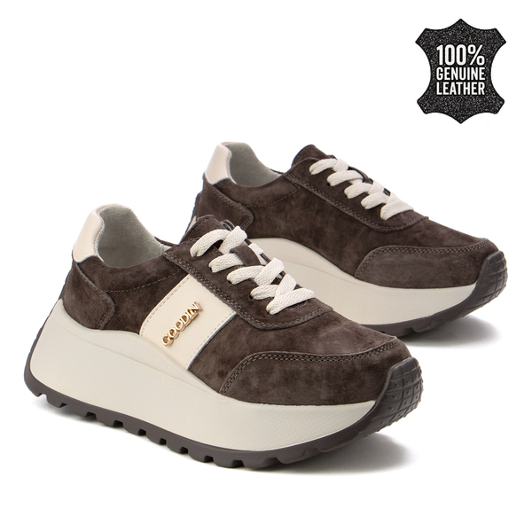 Дамски маратонки от естествена кожа – висока подметка за удобство, сигурна стабилност и модерен акцент за динамично ежедневие GD124 coffee