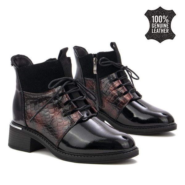 Дамски боти от естествена кожа – премиум визия с лакиран ефект, прецизна изработка и мека вътрешна част за максимално удобство DBT7274 bordo