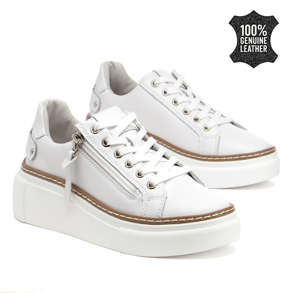 Дамски кецове от естествена кожа – изразителен модел с удобна платформа, връзки и страничен цип за модерна ежедневна визия DP7653 white