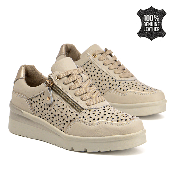 Дамски обувки от естествена кожа – модерна визия с перфорирани елементи и удобно усещане за целодневно носене  DP7677 beige