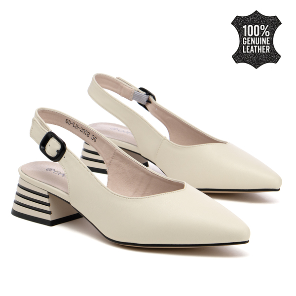 Дамски обувки от естествена кожа с отворена пета – елегантна визия със заострен връх и стабилен ток с отличителна форма LH2028 beige