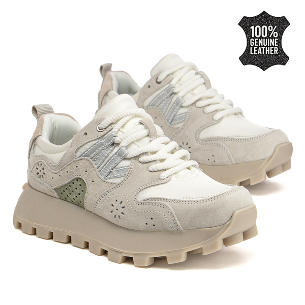 Дамски маратонки от естествена кожа – модерно излъчване с комбинация от цветни елементи и комфорт при динамично ежедневие с приятно усещане DP7560 WH GR