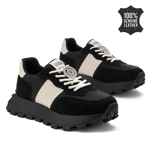 Дамски маратонки от естествена кожа – елегантна визия, висококачествена изработка и стилен декоративен завършек XF112 black/beige