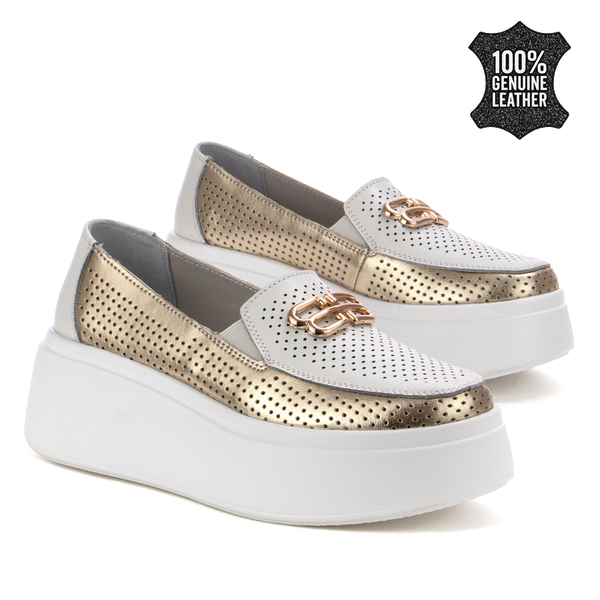 Дамски обувки от естествена кожа на платформа – елегантен модел с перфорация, метален акцент и изразено присъствие за стилно ежедневие LX1200 white/gold