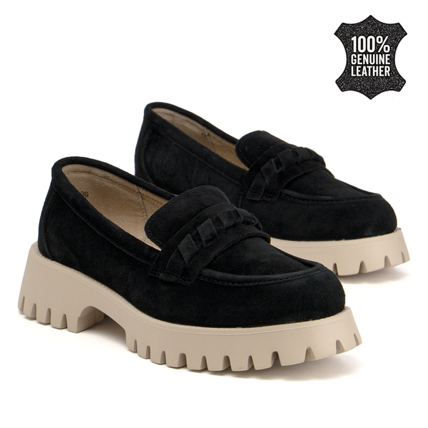 Дамски обувки от естествен велур – стилен вариант тип мокасина с масивна релефна подметка за ежедневна визия DP7554 black