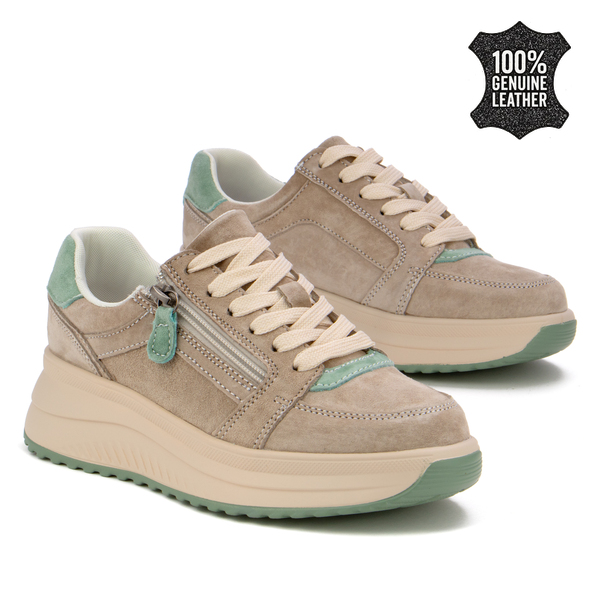 Дамски маратонки от естествен велур – актуален ежедневен модел с дебела подметка, удобна форма и свежа визия, създадени за движение и комфорт XF229 beige