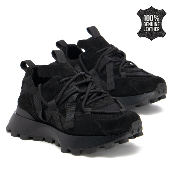 Дамски маратонки от естествена кожа – отличителен модел с релефна спортна подметка и контрастни детайли за модерна динамична визия XF234 black