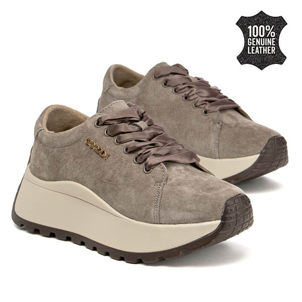 Дамски маратонки от естествена кожа – висока подметка за удобство, сигурна стабилност и модерен акцент за динамично ежедневие GD140 sand