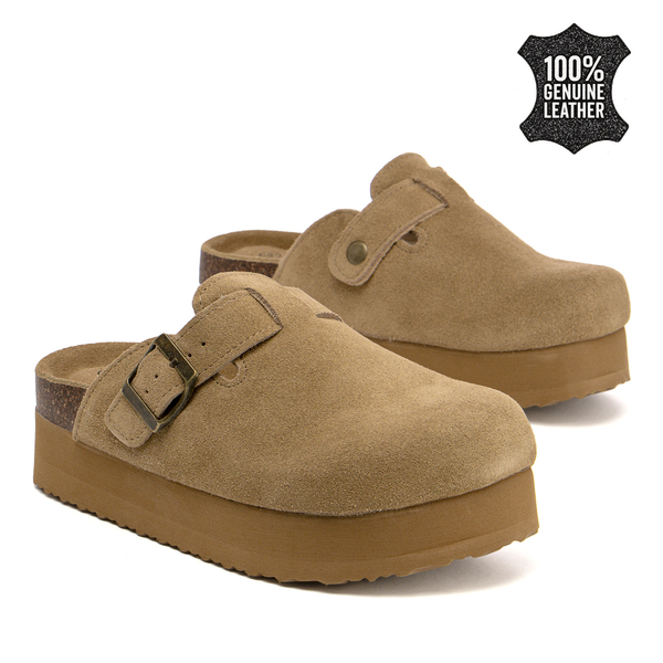 Дамски сабо на платформа от естествен велур – съчетание от удобство и модерно излъчване с балансирана височина и приятно усещане при ходене SW2662 camel