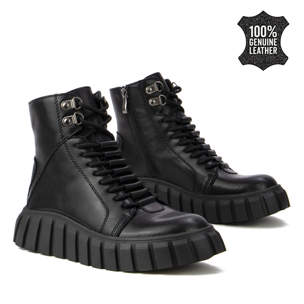 Дамски боти от естествена кожа с удобна подметка – модерен дизайн с връзки и страничен цип за лесно обуване DBT6312 black