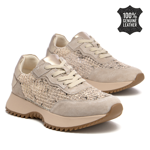 Дамски маратонки от естествена кожа – модерен модел с декоративна текстилна мрежа и удобна подметка за актуална спортна визия DP7707 beige