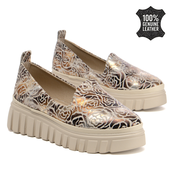 Стилни дамски обувки от естествена кожа – стабилна изработка с флорални мотиви лекота и увереност при всяка крачка DP7703 gold