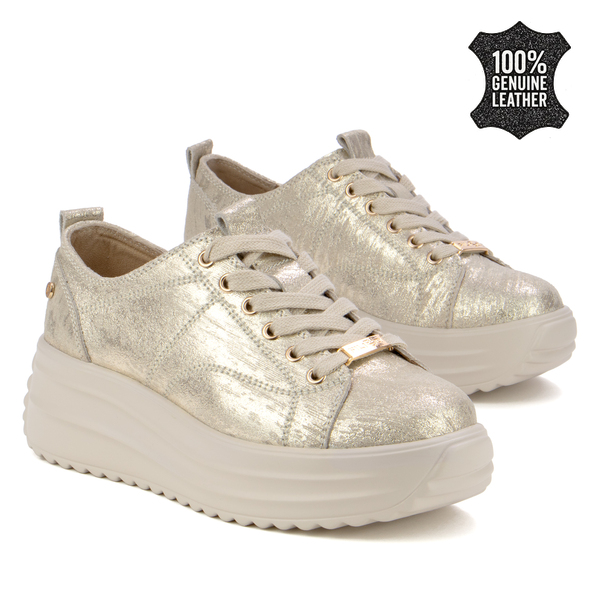 Дамски маратонки от естествена кожа – висока комфортна подметка и стилна визия за модерен външен вид през целия ден  DP6795 gold