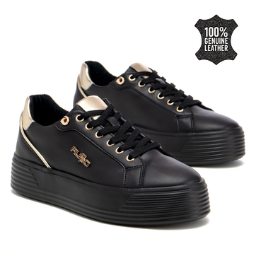 Дамски кецове от естествена кожа – впечатляващ модел с дебела подметка и фини златисти елементи за съвременно излъчване DP7650 black