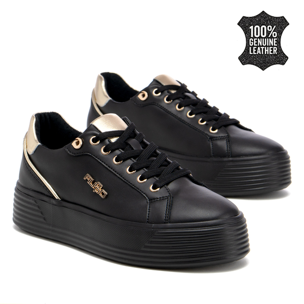 Дамски кецове от естествена кожа – впечатляващ модел с дебела подметка и фини златисти елементи за съвременно излъчване DP7650 black