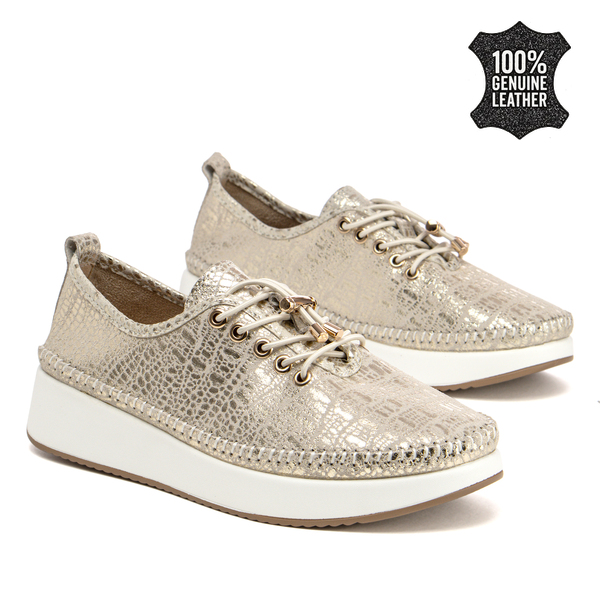 Дамски обувки от естествена кожа – ефектна повърхност и удобна подметка подходящи за ежедневие и дълго носене DP7535 gold