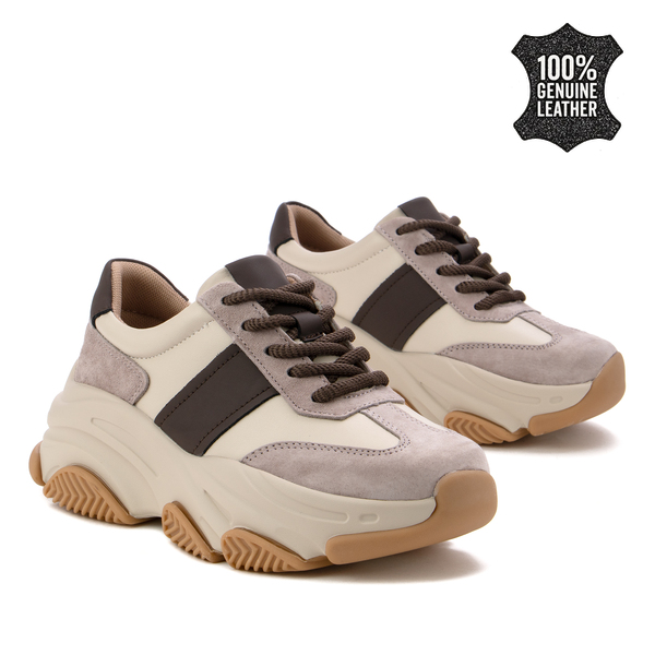 Дамски маратонки от естествена кожа – актуален дизайн с дебела подметка, комфортна стелка и приятно прилягане за динамично ежедневие  DP7113 beige