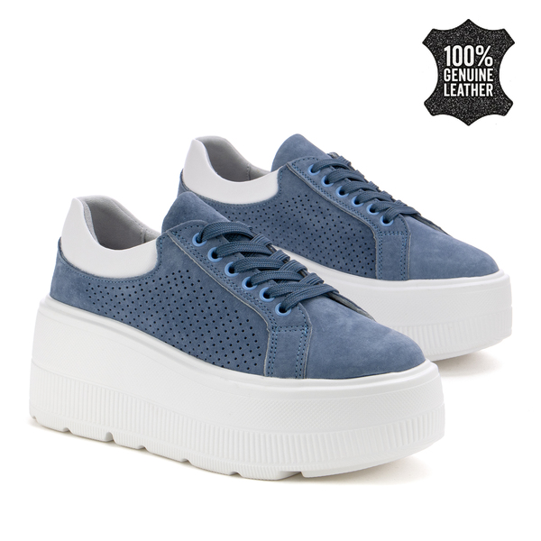 Дамски кецове от естествен велур – актуален модел с подчертана платформа и лесно комбиниране с ежедневни визии LX1199 blue