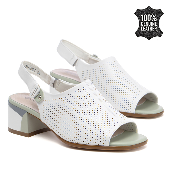 Дамски сандали от естествена кожа – модерна линия с нежни перфорации, среден ток и комфортно усещане при динамично ежедневие LH2027 white