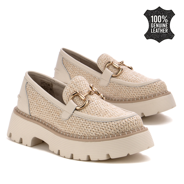 Дамски обувки от естествена кожа и текстил – впечатляващ модел с плетена визия, златен акцент, много удобни и леки с дебела стабилна подметка WL75 beige