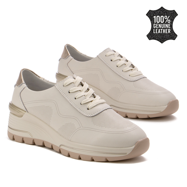 Дамски маратонки от естествена кожа – елегантни на ниска платформа олекотени с прецизна изработка и комфорт при продължително носене XF185 beige