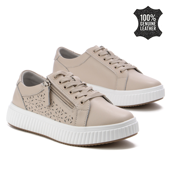 Дамски кецове от естествена кожа – елегантен модел с удобен страничен цип, стабилна подметка и изискано усещане при всяка стъпка LX1033 beige