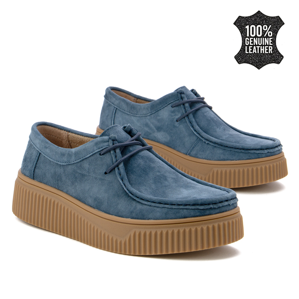 Дамски обувки тип мокасини от естествен велур – практичен модел с връзки и комфортна дебела подметка за всеки ден DP7500 navy